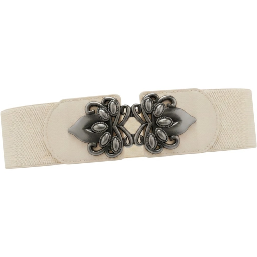Vintage Cream Elastic Cinch Belt with Ornate Gunmetal Filigree Buckle Wide Waist